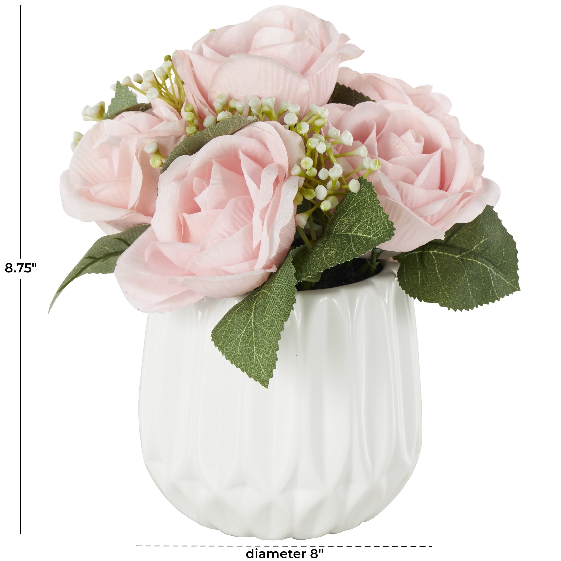 9" Plastic  Hydrangea and Pom Pom Artificial Flower in Green Leaves and Round Ceramic Vase, by DecMode