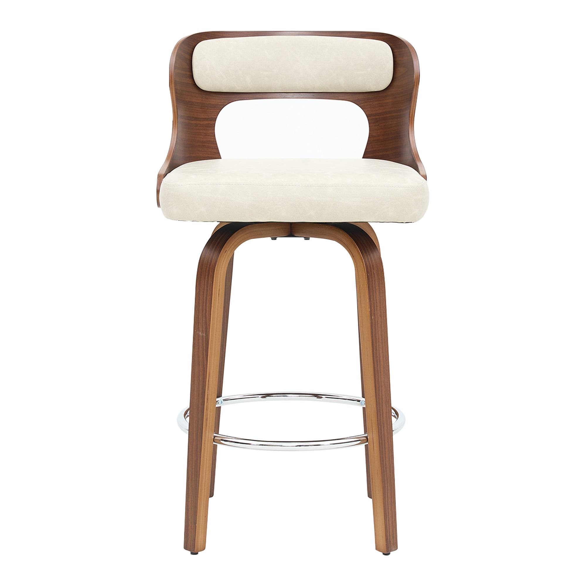 ClinQ 26 inch Swivel Bar Stools Set of 2, Counter Height Bar Chairs with Walnut Legs and Silver Ring Footrest, Upholstered Faux Leather, Beige