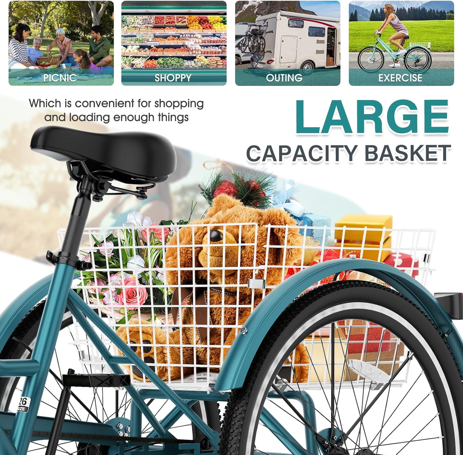 Lilypelle Mountain Tricycle for Adults, MTB 7 Speed Three Wheel Bike, 24/26/27.5 Inch Adults Trikes w/ Disc Brake & Cargo Basket for Women, Men, Seniors