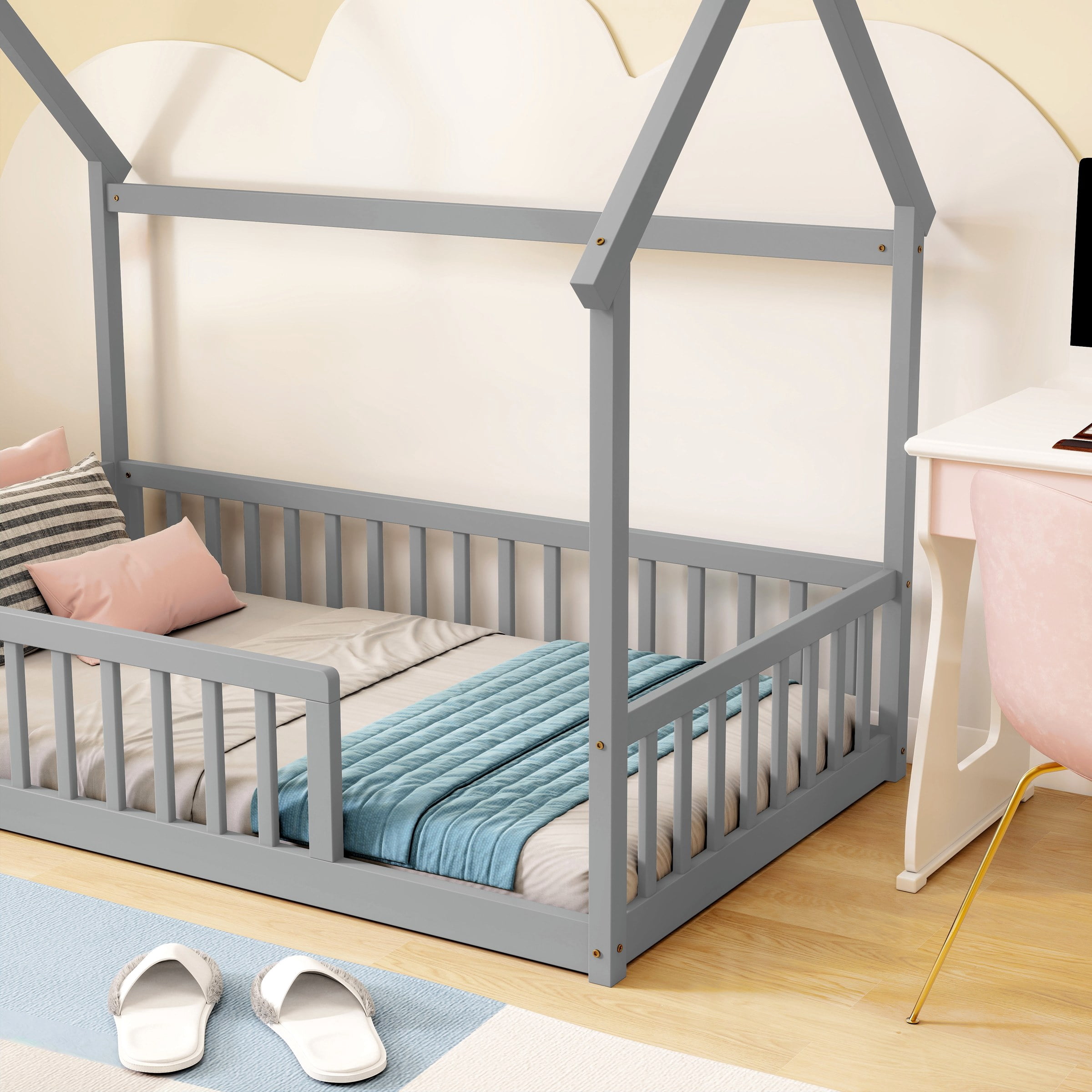 Twin Size House Floor Bed with Roof Frame, Pine Wood Floor Bed with Safety Guardrails, Grey
