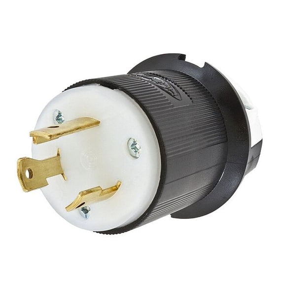 Locking Plug, L6-30P, 30 A, 250V AC, Single Phase, 2 Pole, Screw Terminals, Black, White