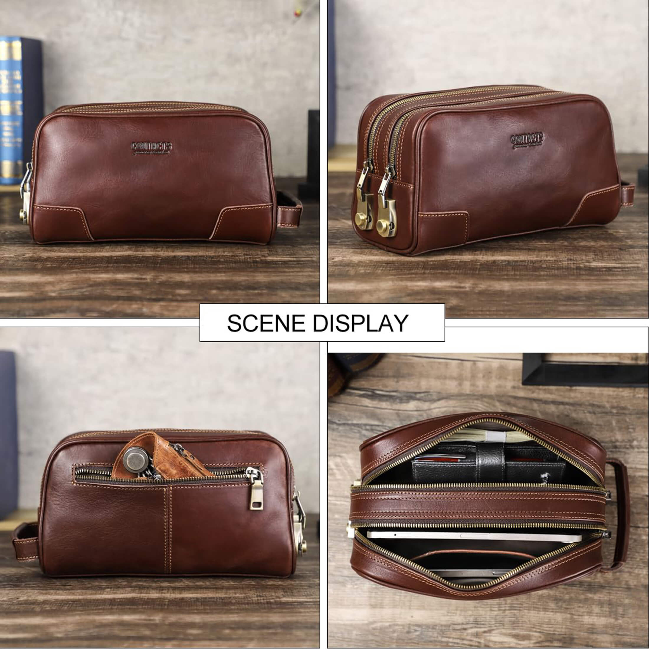 Contact's Men's Clutch Purse Bag , Toiletry Bag with Lock for Men, Shaving Dopp Kit Organizer Clutch, Valentine Gift, Coffee