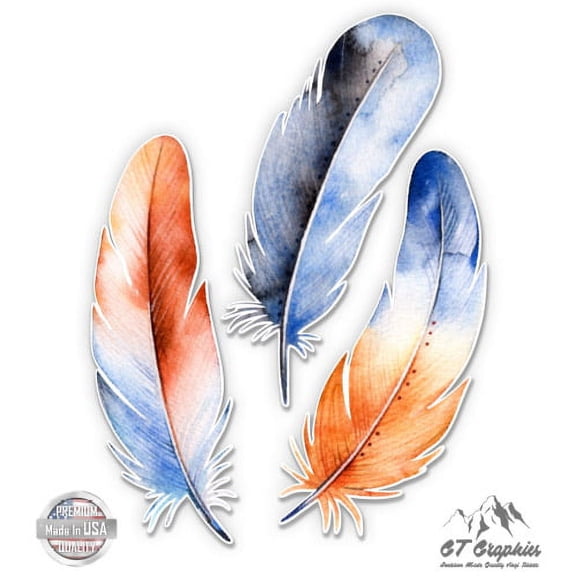 Watercolor Feathers Set - 3" Vinyl Sticker - For Car Laptop I-Pad Phone Helmet Hard Hat - Waterproof Decal
