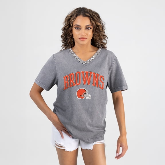 Women's Gameday Couture Gray Cleveland Browns Relaxed Iconic Edge Rhinestone V-Neck T-Shirt