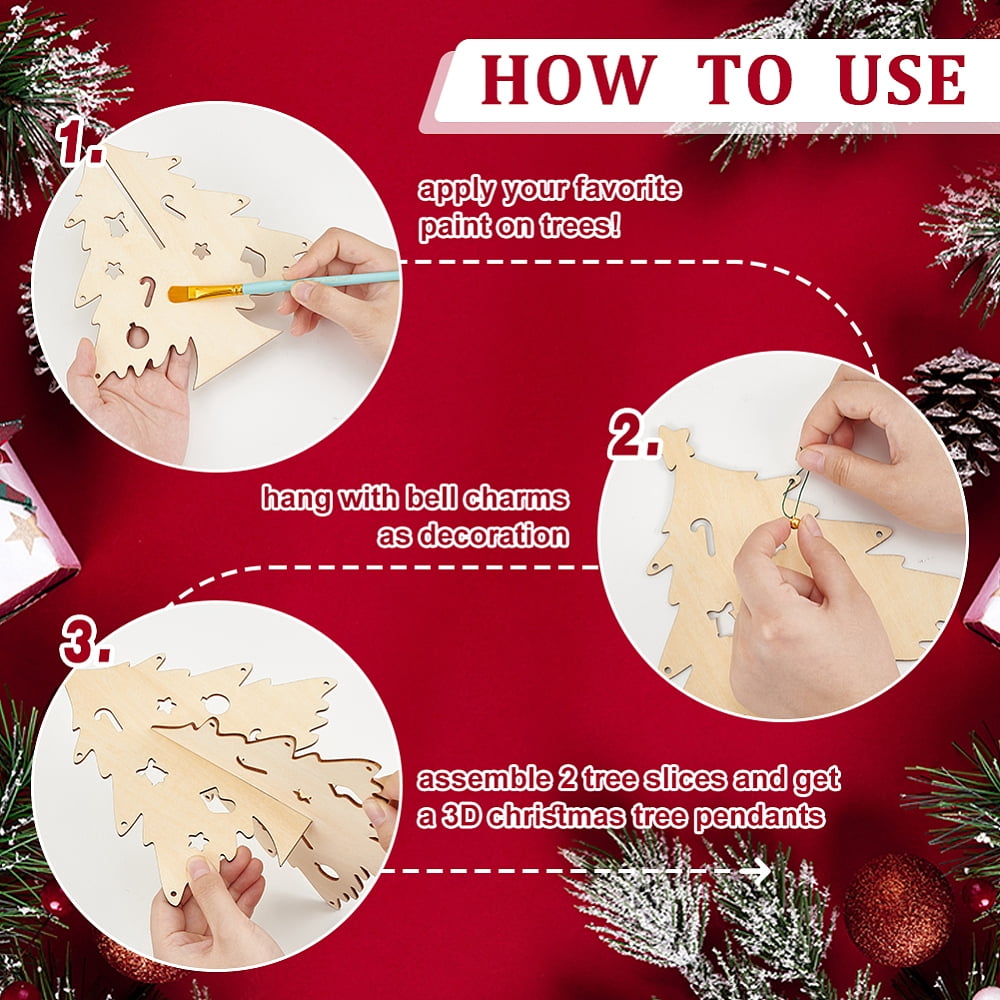 3D DIY Wooden Christmas Tree Ornaments Craft Kit 6 Sets Unfinished Christmas Tree Wood Slices Pendants Set with Bell Charms 3m Green Nylon