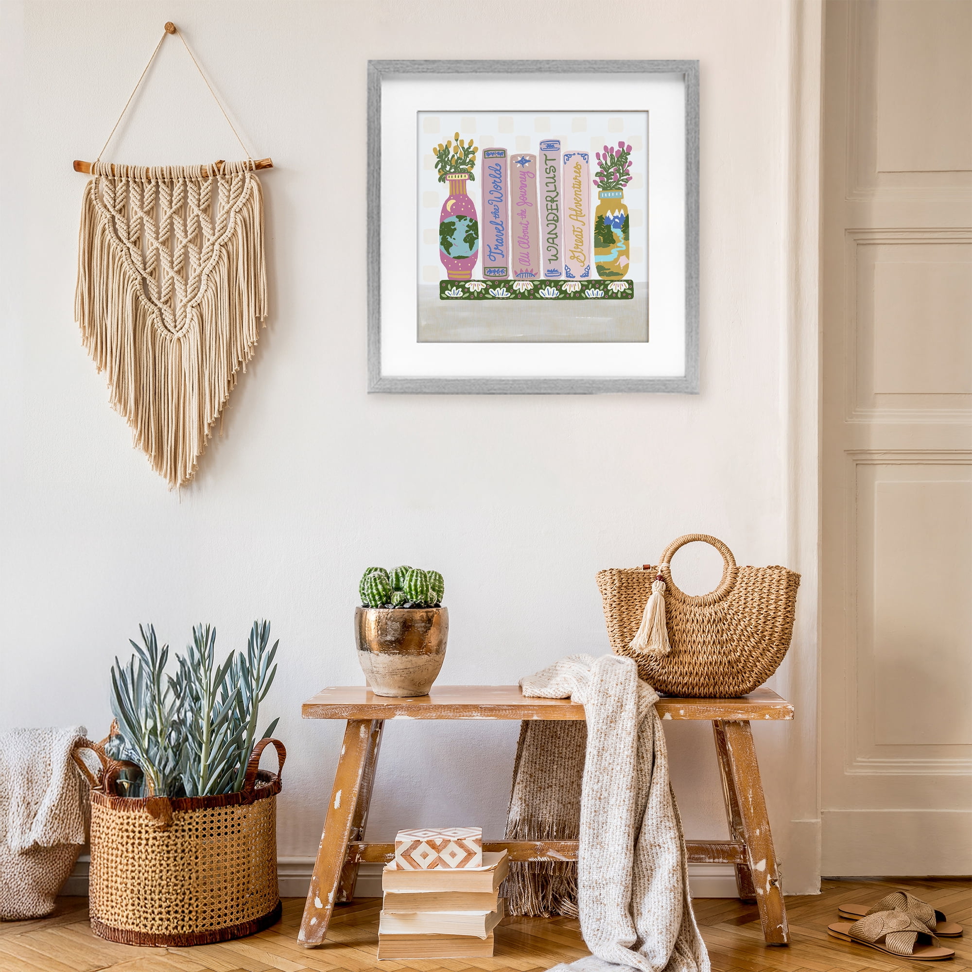 Stupell Industries Boho Travel Books Shelf Gray Framed Print Under Glass, design by Connie Summers