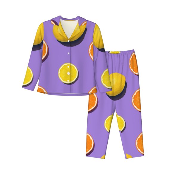 Lsque Yellow Lemon And Orange Pattern Long Sleeve Pajama Set for Women - Soft 2-Piece Sleepwear and Loungewear Set with Pockets, Comfy Nightwear-Small