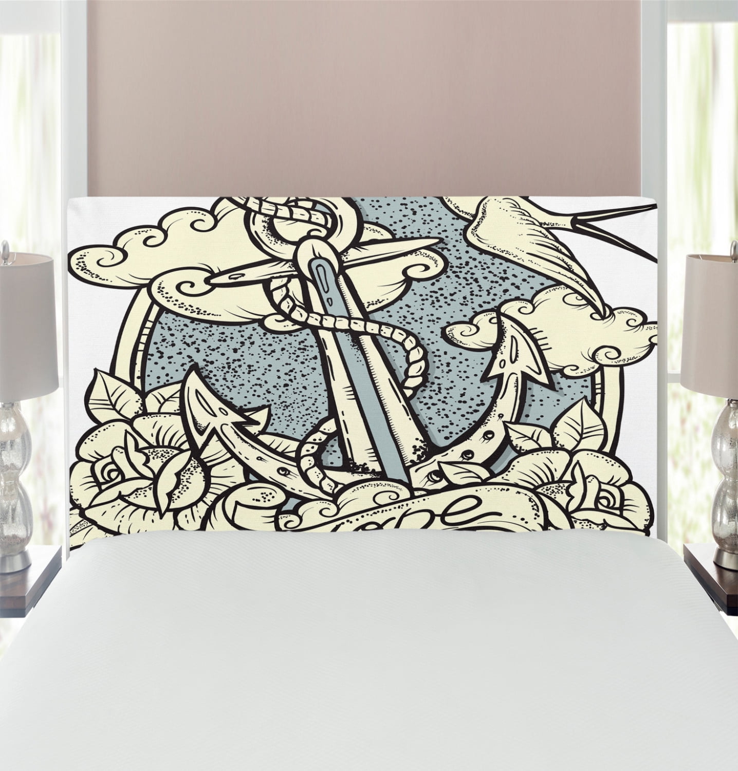 Anchor Headboard, Anchor and Roses Antique Monochrome Clouds Bird Wings
