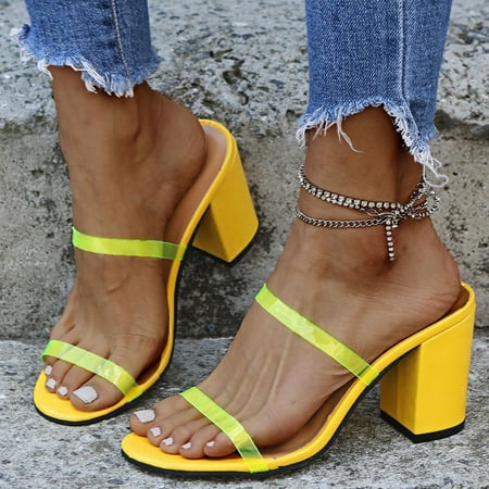 

YOTAMI Slippers for Women Womens Fashion Casual Leopard Square Heel Transparent Lace Slip On Sandals Shoes Yellow