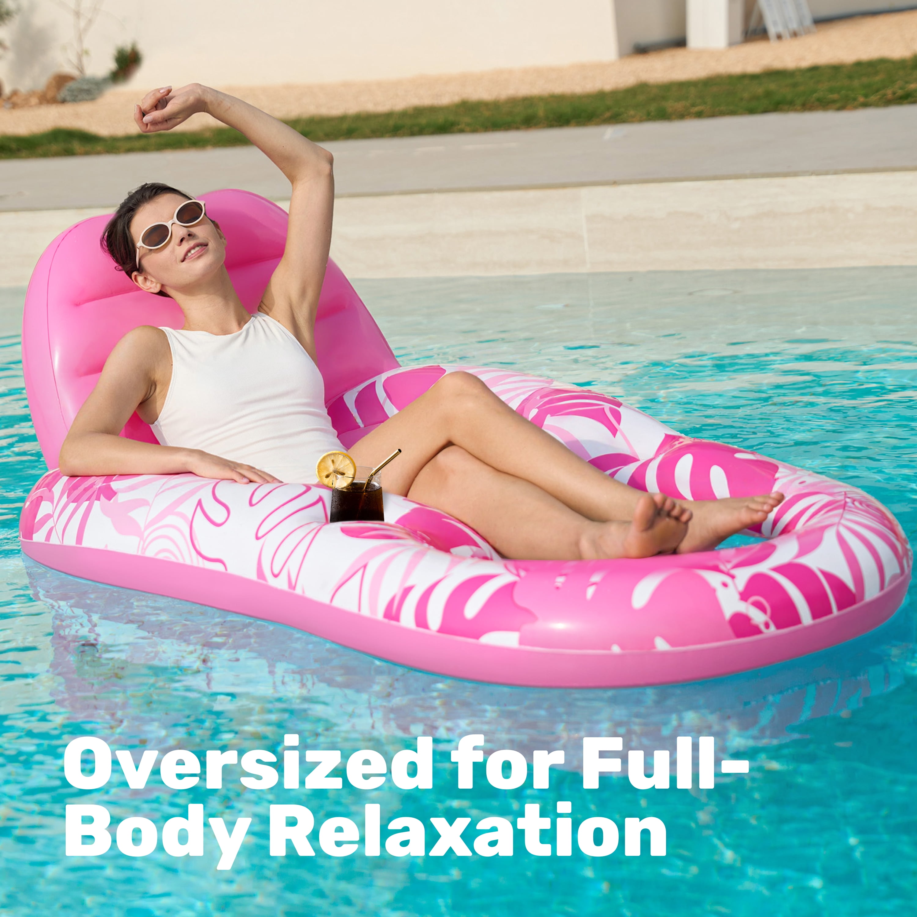 Joyfy Pool Lounge Float for Adult, Inflatable Pool Floats Lounger Raft Floaties with Cup Holders Foot Rest Swimming Floaty