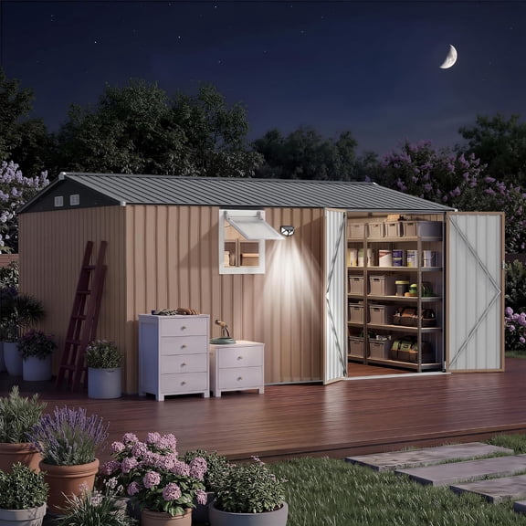 12x10 Ft Steel Tool Shed with Window and LED Light Lockable Double Doors Sloped Roof