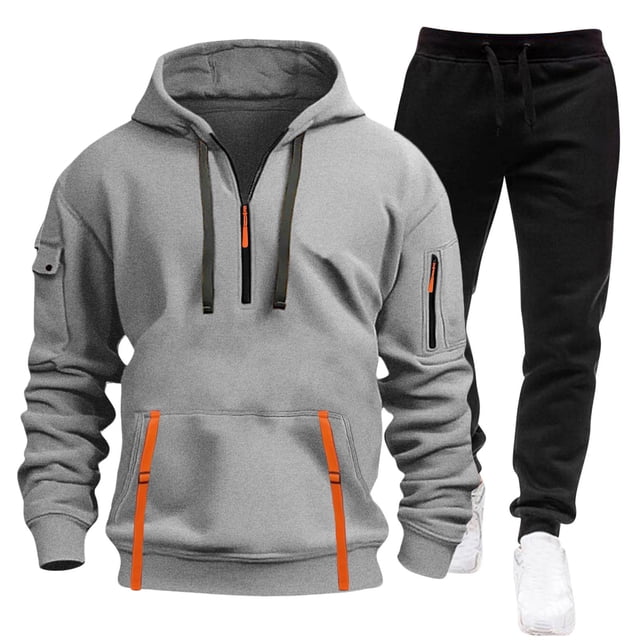 Men's Casual 2-Piece Tracksuit Set with Hooded Pullover and Elastic Waist Joggers
