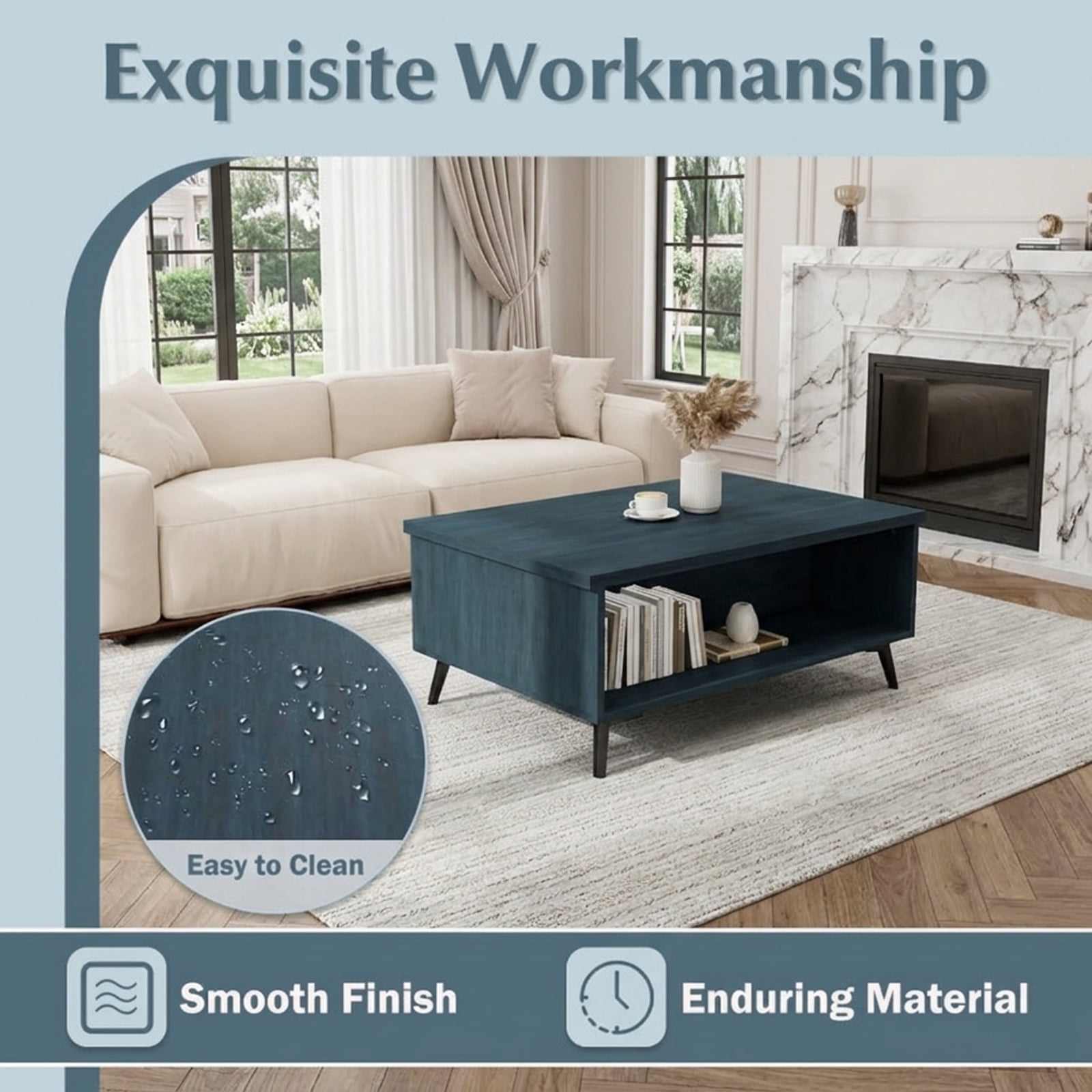 Furnibear 2-Tier Mid Century Modern Coffee Table with Storage Shelves Compartments - Blue - Living Room Cocktail Center Table