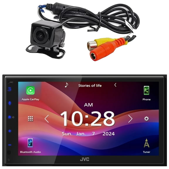 JVC KW-M690BW 6.8" Capacitive Monitor Single-DIN Bluetooth USB/MP3 Digital Media Shallow Chassis Multimedia Receiver Bundle Combo With Wired 720p Back-up Camera With Parking Lines