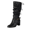 thumbnail image 7 of Slouchy Boots for Women Western Retro Drawstring Soft Leather Pointed Toe Chunky Heel Zipper Mid Calf Booties Winter Knee High Riding Boots Black Size 7, 7 of 7
