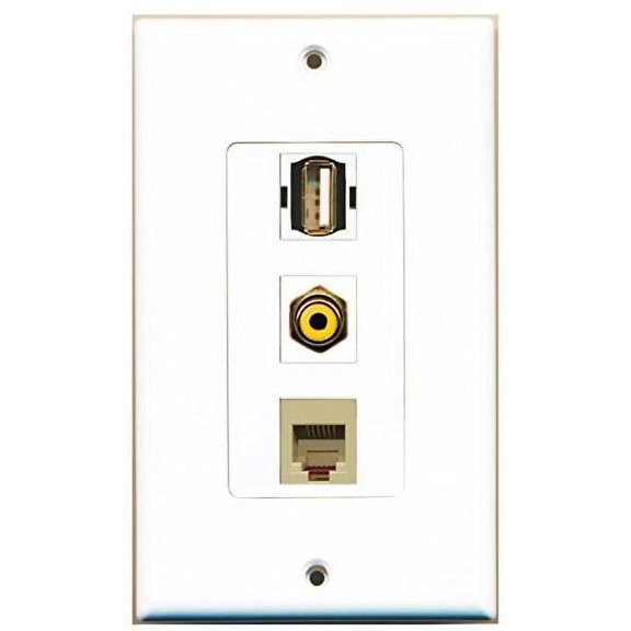 RiteAV - 1 Port RCA Yellow and 1 Port USB A-A and 1 Port Phone RJ11 RJ12 Beige Decorative Wall Plate Decorative