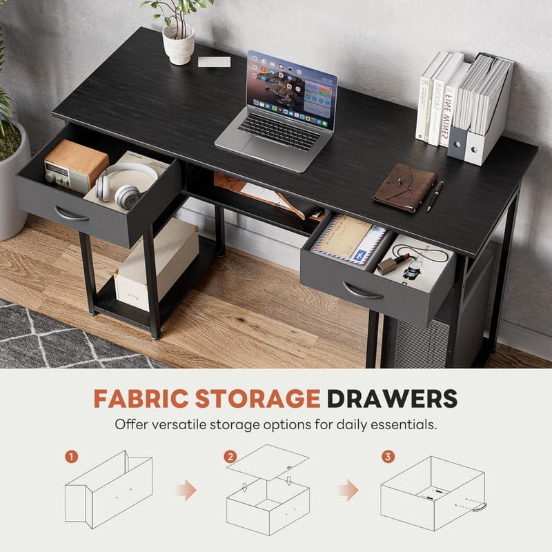 Kelno 48 Inch Computer Desk with 2 Fabric Drawer Storage Shelf Gaming Writing Table, Black