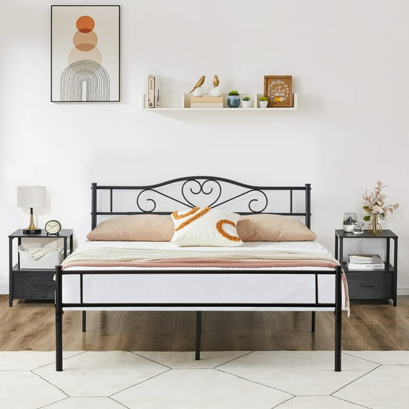 VECELO 3-Piece Bedroom Set Include Queen Metal Bed Frame and 2 White Nightstands (Set of 3)