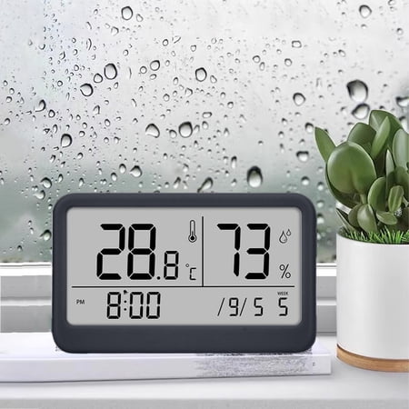 Digital Alarm Clock with Temperature Humidity Display, Large Screen Clock for Bedroom Office Desk, Indoor Thermometer Hygrometer(Black)