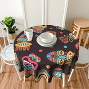 TEQUAN 60" Round Tablecloth, Exotic Tribal Style Tiki Masks Pattern Washable Polyester Table Cloth, Waterproof Wrinkle Resistant Decorative Table Cover