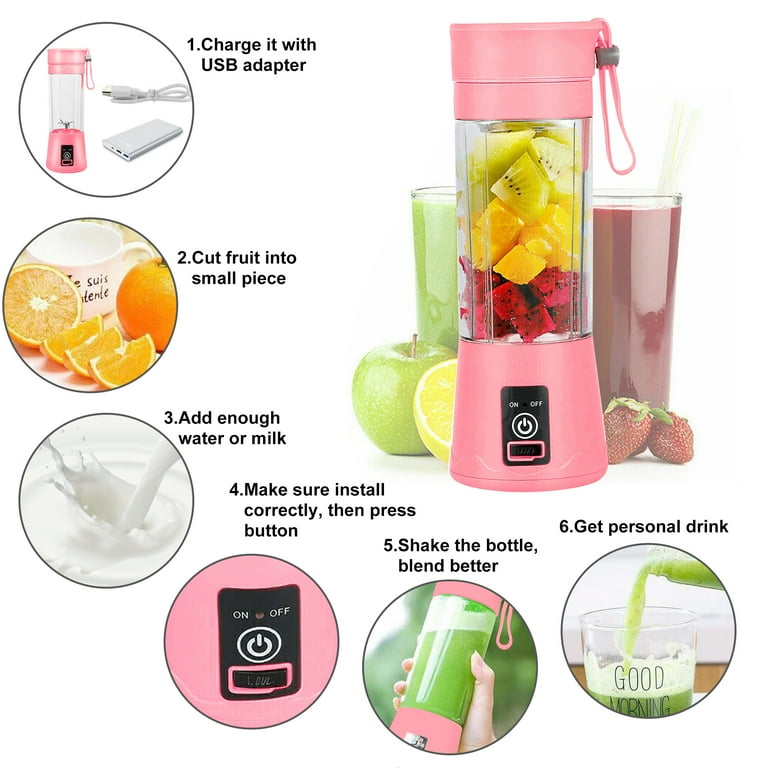 Portable Blender Cup,Electric USB Juicer Blender,Mini Blender Portable  Blender For Shakes and Smoothies, juice,380ml, Six Blades Great for  Mixing,pink