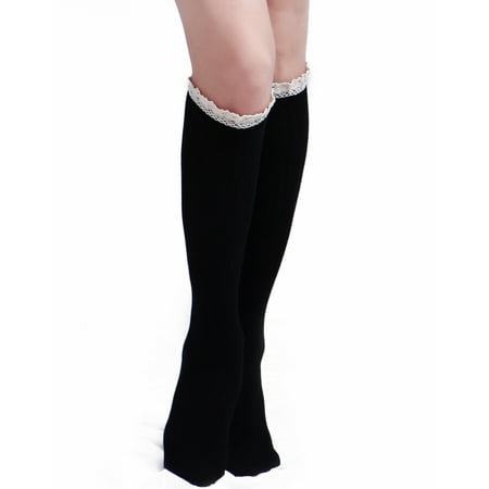 HDE Women's Knee High Socks with Crochet Lace Trim Cotton Knit Boot Stockings (Black)