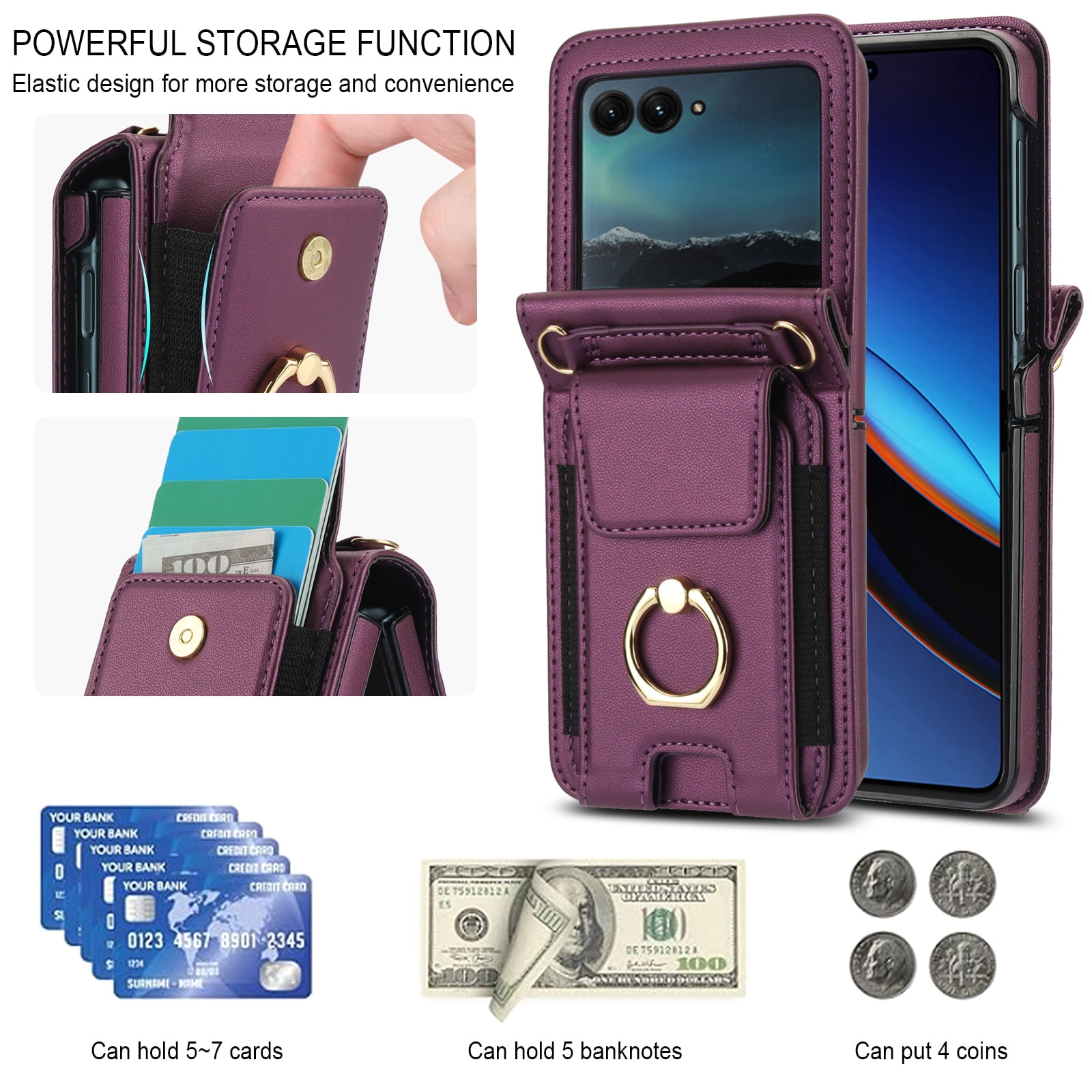 for Motorola Razr 2024 Case, Retro PU Leather Shockproof Protection Phone Case Wallet Built in Credit Card Slots Flip Cover Finger Ring Stand with Long Strap + Short Strap, Darkpurple