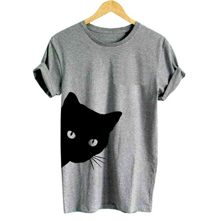 Fancyleo Cat Looking Outside Print Women Tshirt Cotton Casual Funny T Shirt for Lady Girl