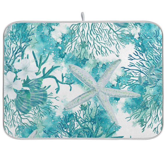 Beach Coastal Seastars Floral Dish Drying Mat Microfiber Kitchen Mats Large Counter Absorbent Dish Pad Drainer Rack 18"x24"