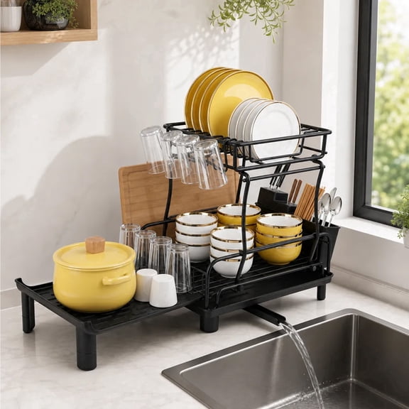 Yucurem Extendable Dish Drying Rack, 2-Tier Stainless Steel Dish Rack with Auto Drainage, Utensil Holder, Cutting Board Holder (17.5"-27.5" L)
