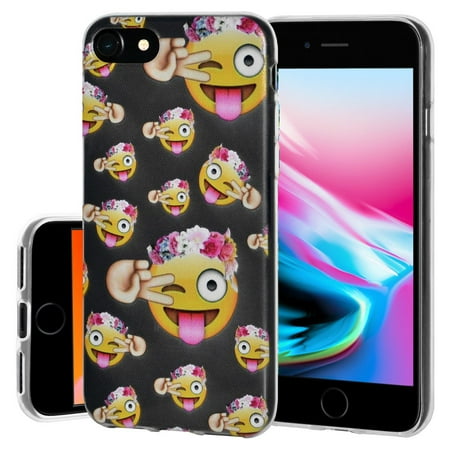 iPhone 8 Case Screen Protector Combo, Premium Soft Gel Clear TPU Graphic Emoji Skin Case with Ultra 9H Tempered Glass Screen Protector for Apple iPhone 8 - Face With Stuck Out Tongue with Winking Eye