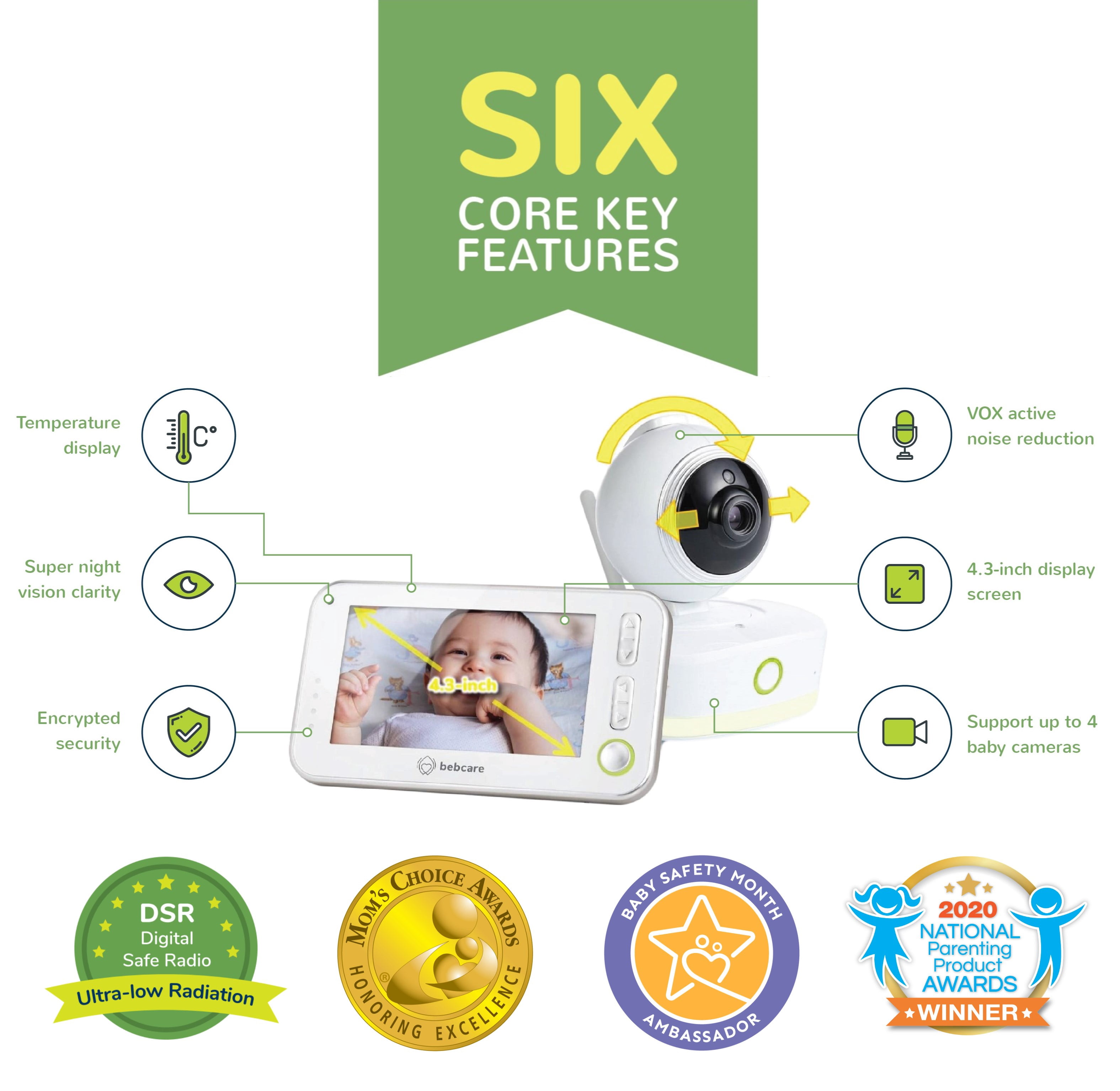 Bebcare Motion Digital Low EMF Emissions Video Baby Monitor with 4.3" True Color Screen, Non-WiFi, Temperature, Movement Detection, Night Light, Music Lullabies, up to 4 Cams