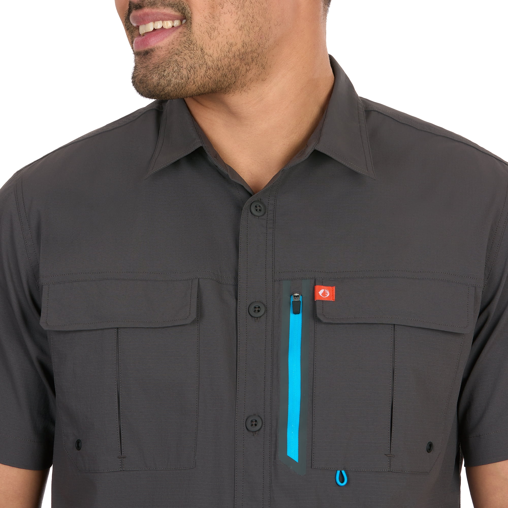 The American Outdoorsman Blackfoot River Fishing Shirt, Short Sleeve - Quick Dry, UPF 30 UV Protection, Modern Fit, Breathable Eyelets and Waterproof Chest Zip Multiple Pocket (Raven, Medium)