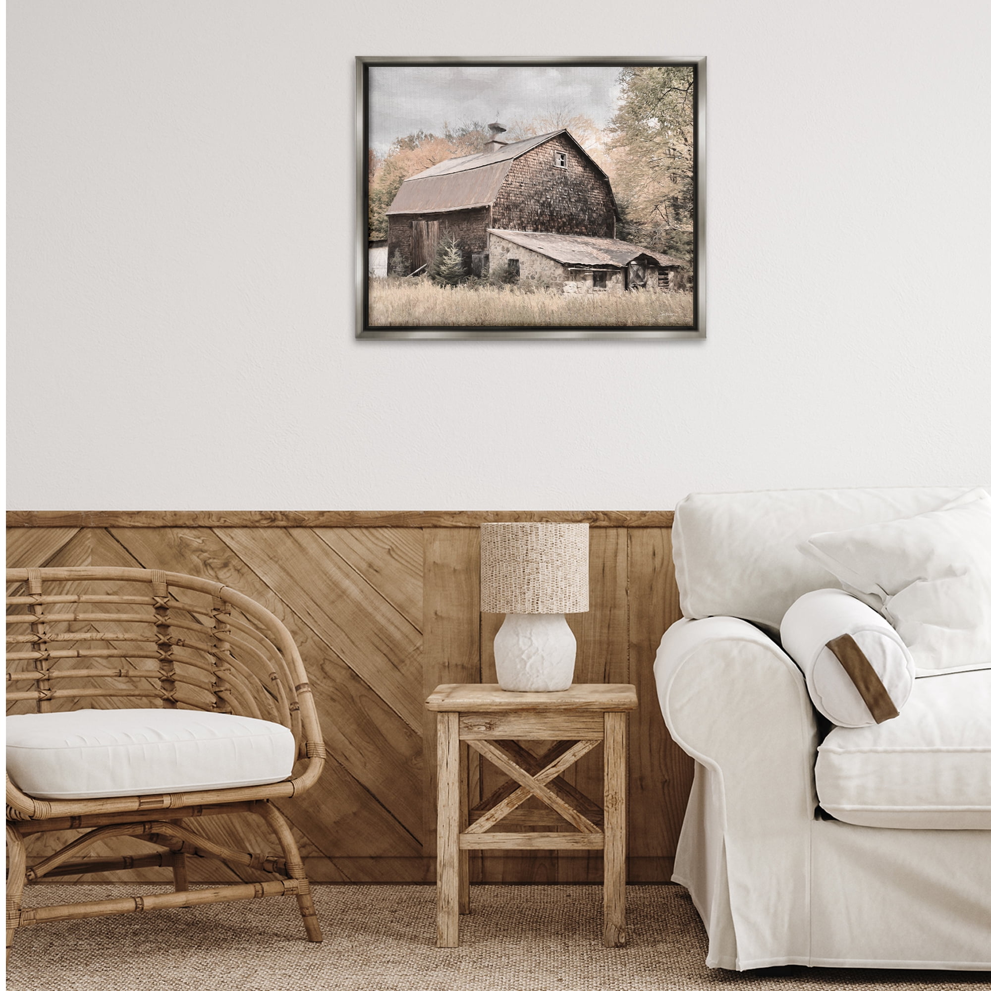 Stupell Industries Beige Rustic Barn Landscape & Nature Photography Gray Floater Framed Canvas Art Print Wall Art, 31 x 25