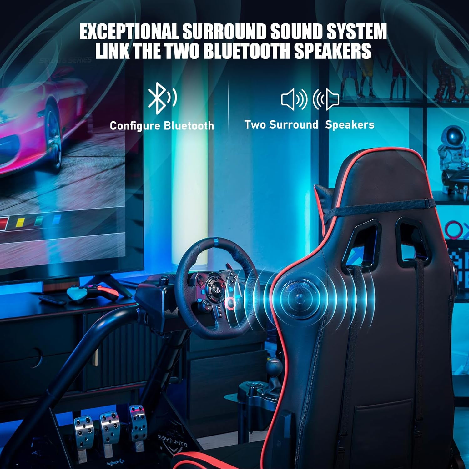GTPLAYER Racing Simulator Cockpit Alloy Steel Adult Gaming Chair with Bluetooth Speakers, Red/Black