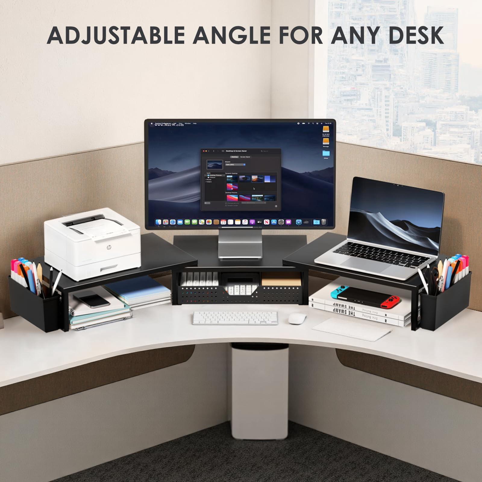 Desk Organizers And Accessories  Dual Monitor Stand Riser With Drawer 2 Pen Holders Shelf Metal Computer Racks For Office Workspace Desktop Organization (black Metal)