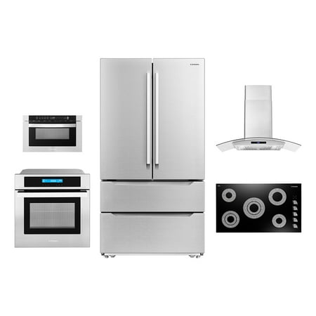 Cosmo 5 Piece Kitchen Appliance Package With 36  Electric Cooktop 36  Wall Mount Range Hood 30  Single Electric Wall Oven 30  Over-the-range Microwave & French Door Refrigerator