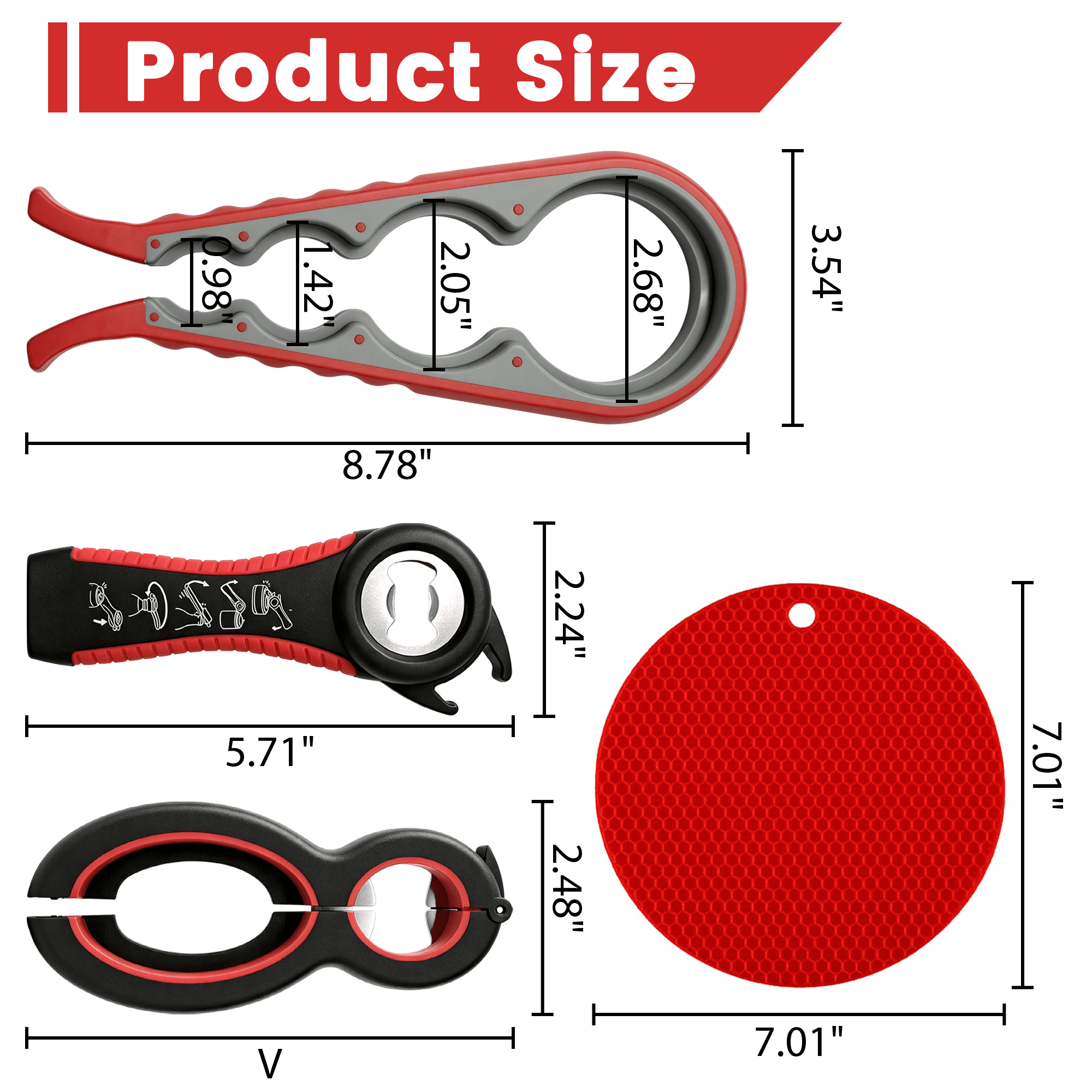 4 Pack Jar Opener Set, 5-in-1Multi Function Bottle Opener, Non Slip Bottle Can Opener Gripper Kit, Silicone Jar Gripper Pad & Manual Lid Openers