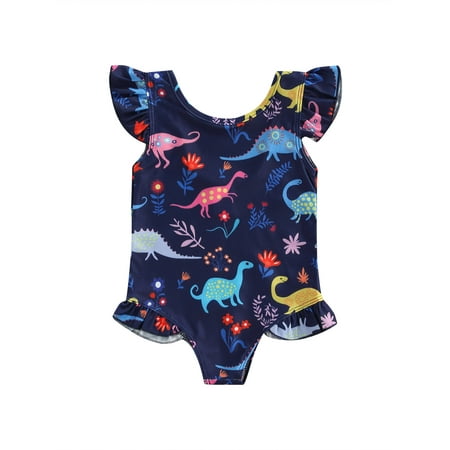 

Sunisery Kids Little Girls Bathing Suit Dinosaur Floral Print U-Neck Fly Sleeve Ruffle One-Piece Swimwear Beachwear Dark Blue 2-3 Years