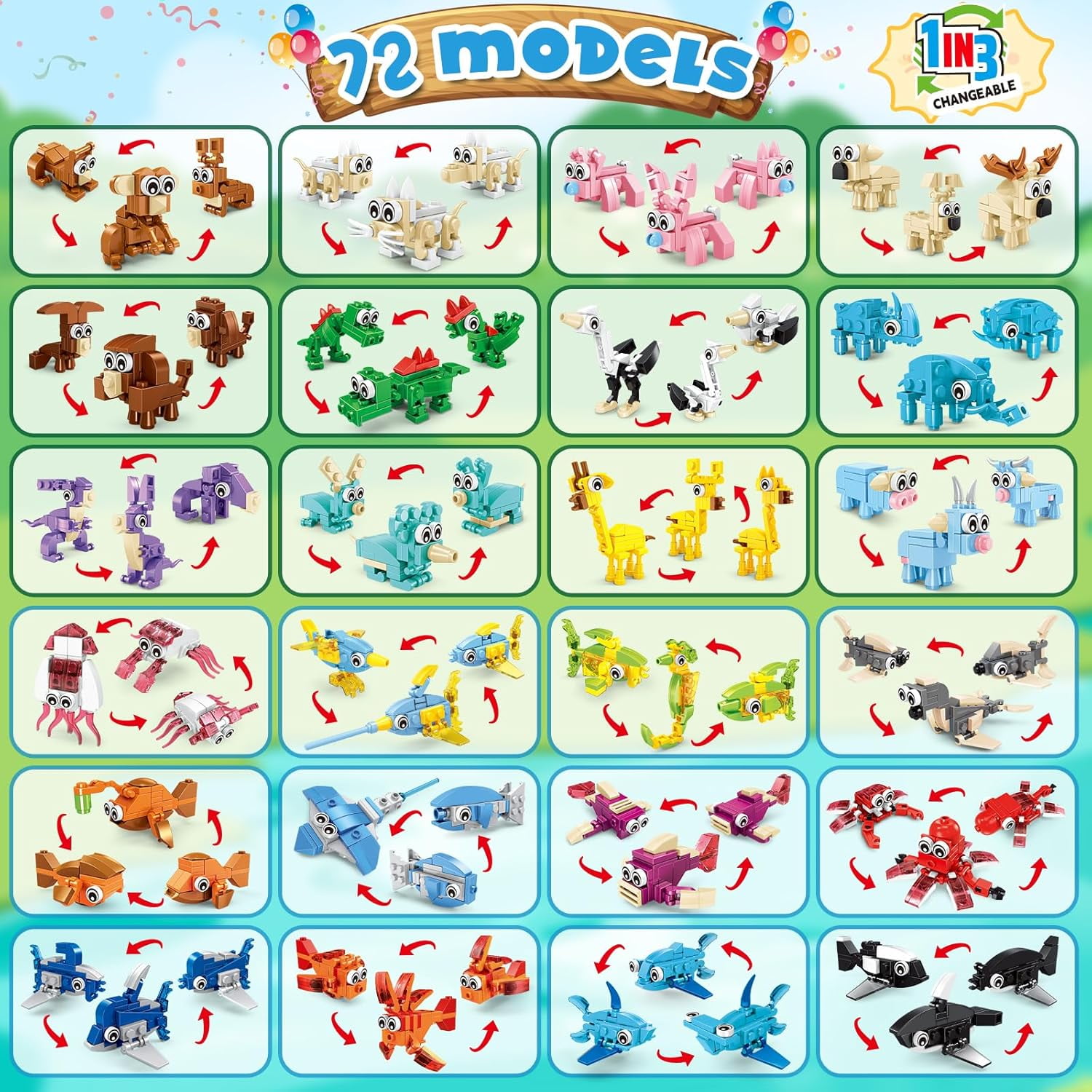 Building Sets 24 Packs Party Favors for Kids, 3 in 1, 72 Kinds of Transformable Animal Building Block Toy, Goodie Bag Stuffers, Classroom Student Prizes Easter Birthday Gifts for Kid Age 6+