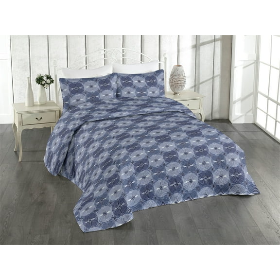 Ambesonne Abstract Quilted Bedspread Set 3 Pcs, Circular Modern Shapes Art, King, Ceil Blue and Dark Lavender