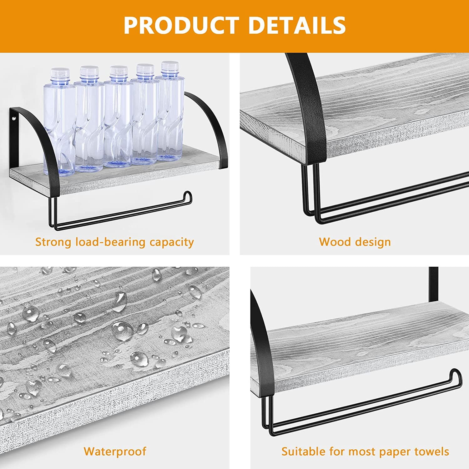 Wall Mounted Paper Towel Holder with Wood Shelf, Gray