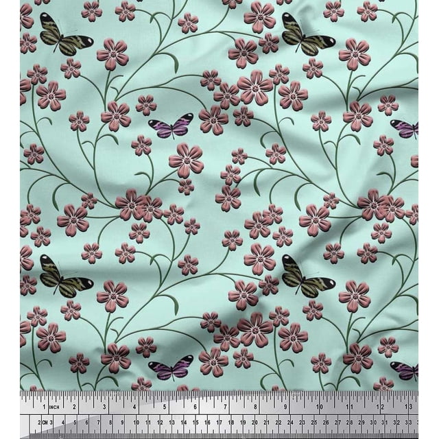 Soimoi Modal Satin Fabric Insect,Leaves & Flower Floral Fabric Prints by Yard 42 Inch Wide