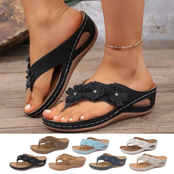 Womens Plus Size Wedge Sandals Floral Thong Flip Flops Slip-On Casual Spring Summer Shoes, Black