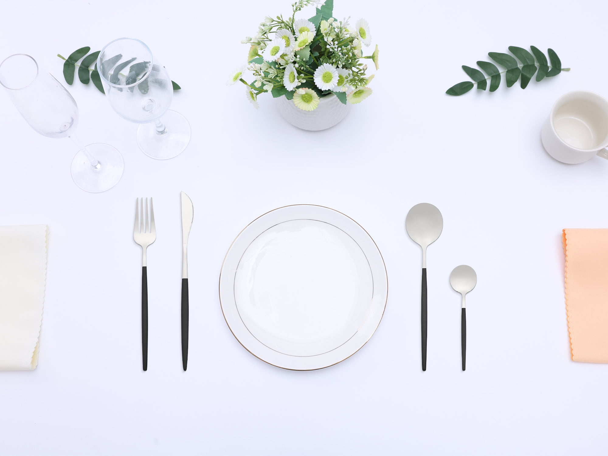 Unique Bargains 24 Pieces Stainless Steel Silverware Flatware Set Black