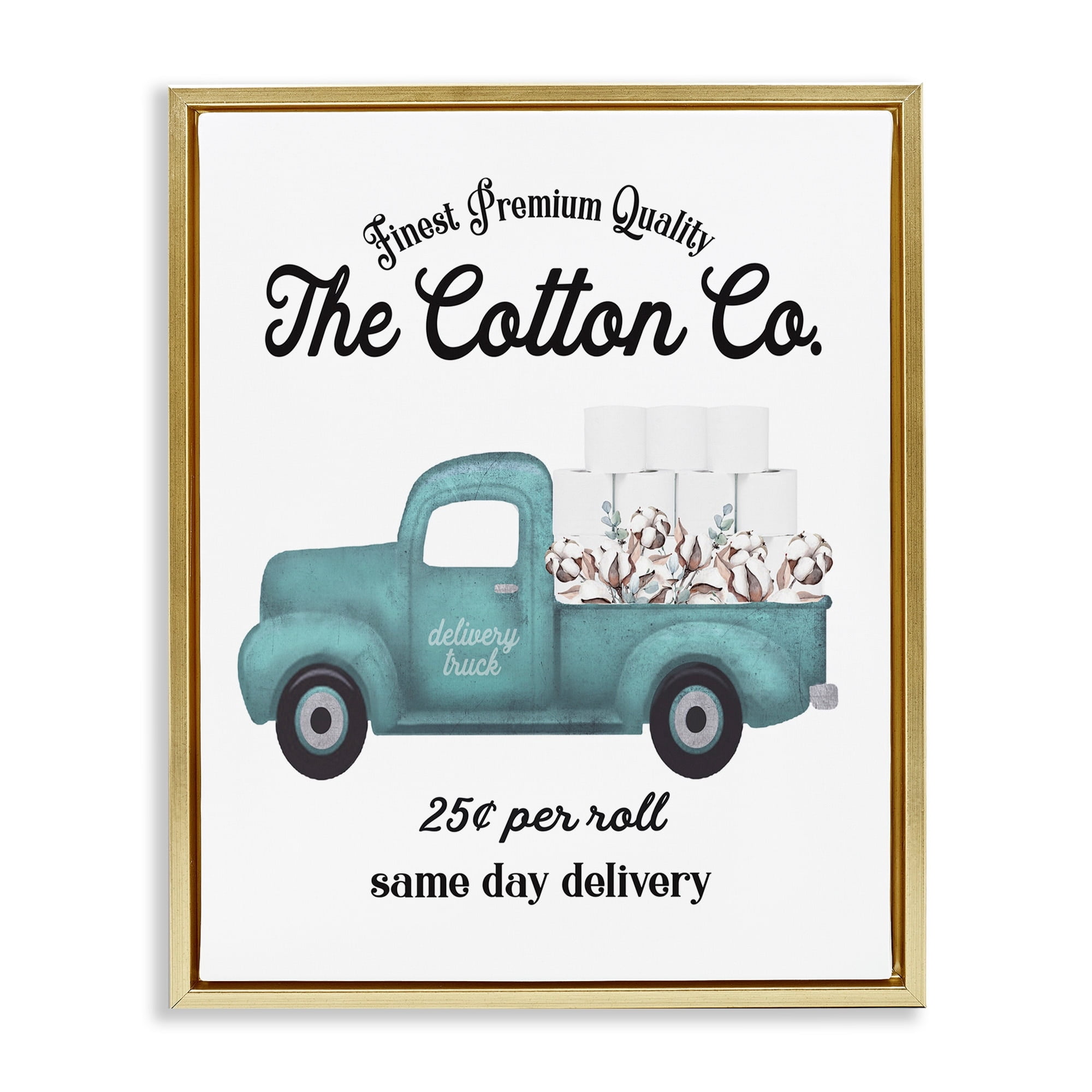 Stupell Industries Toilet Paper Cotton Co Delivery Truck Bathroom Word Design Metallic Gold Framed Floating Canvas Wall Art, 24x30, by Lettered and Lined