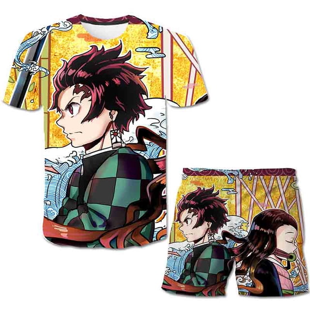 Conjuntos de ropa Demon Slayer para bebés y niñas, camisetas de manga corta de verano y pantalones cortos, 2 uds./trajes, nuevos trajes informales estampados 8T Gao Jinjia LED