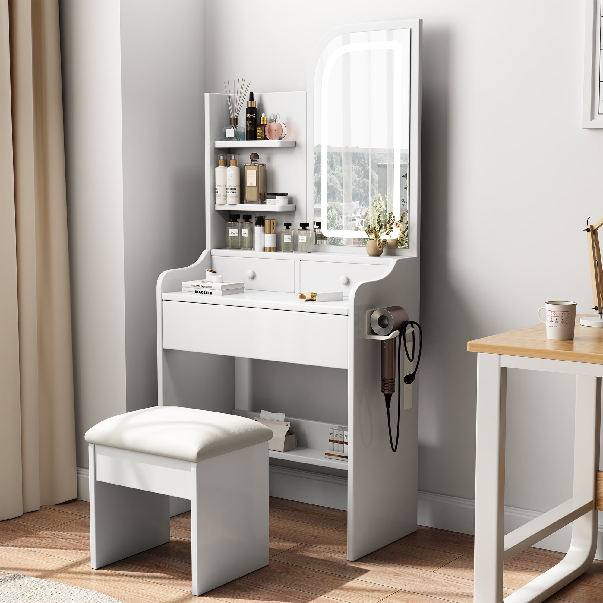 Mintazer Makeup Vanity Table with LED Mirror, Drawers & Shelves, Hair Dryer Holder, Padded Stool for Bedroom - White