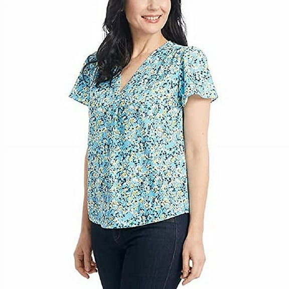 Hilary Radley Women's V-Neck Short Sleeve Blouse (Blue Floral, XSmall)