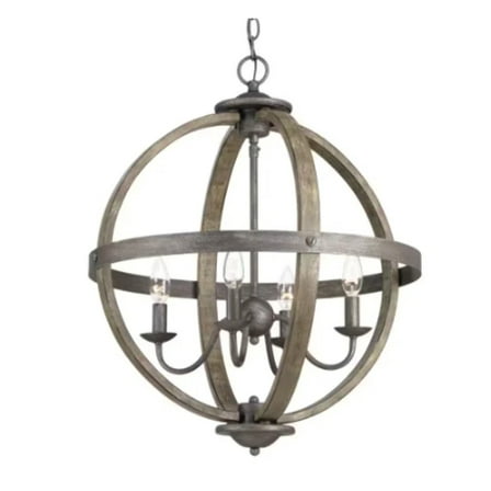 Keowee Collection 19.88 in. 4-Light Artisan Iron Orb Chandelier, Elm Wood Accents